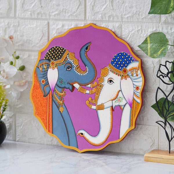 Royal Elephant Duo - Hand-Painted Indian Wall Art Plate | Bohemian Home Decor