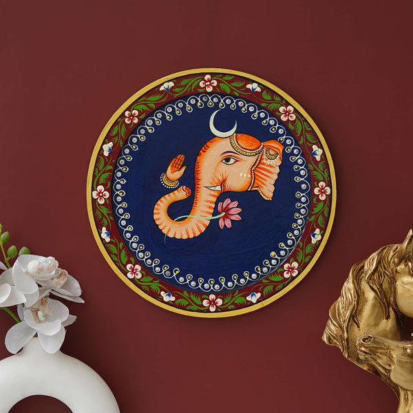 Vibrant Hand-Painted Pichwai Wall Plate – Ganesha with Flowers & Horse