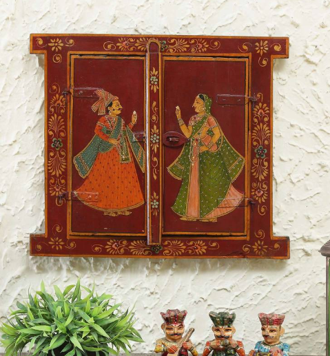 Red Hand-Painted Wooden Jharokha with Royal Rajasthani Artwork